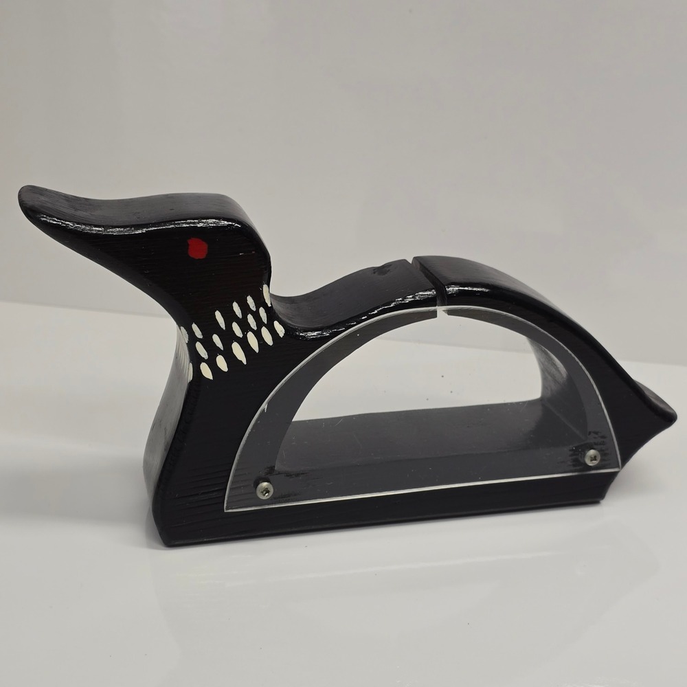 Vintage Wood Carved Loon Bird Coin Bank Black Handmade‎ Folk Art Rustic